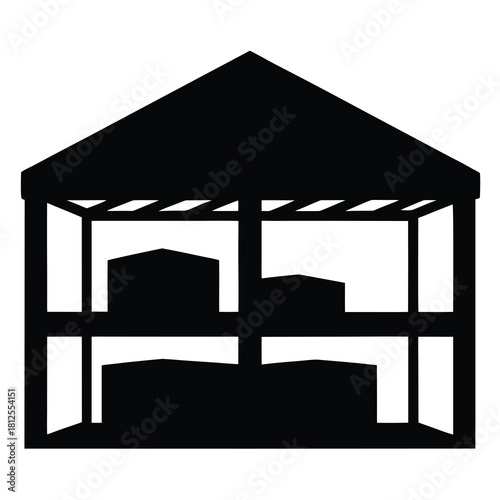 Silhouette of wooden canopy market stall with roof in solid black tone design