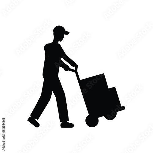 Silhouette of man pushing cart with boxes full of goods in solid black tone
