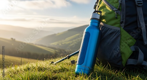 Blue Water Bottle Leaning Against Backpack on Grassy Hill
