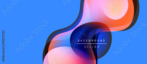 Abstract fluid shapes overlap, creating vibrant color gradients. Blue background emphasizes dynamic composition. Modern design element.