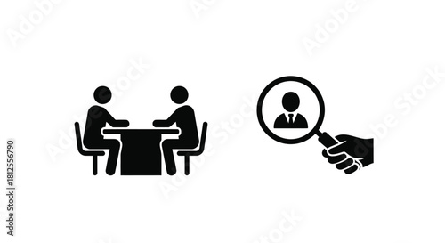 Interview process depicted with two people and a magnifying glass icon