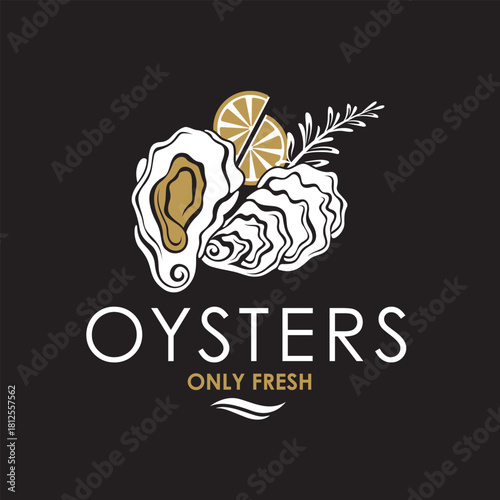 label of fresh oyster shell and lemon isolated on black background