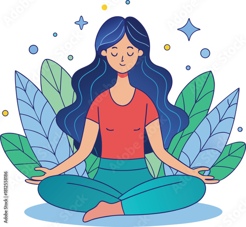 Cartoon vector illustration of a woman meditating in the lotus pose asana for health and body relaxation, sitting in a pink flower posture