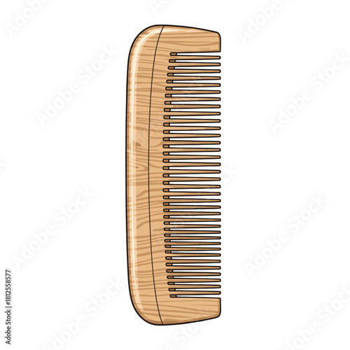 Vector illustration of a wooden comb with fine teeth, symbolizing hair care, grooming, barbershop tools. Isolated on a transparent background
