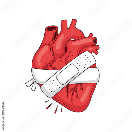 Vector illustration of a human heart wrapped with a medical bandage, symbolizing cardiac disease, recovery, emotional healing, and healthcare concepts