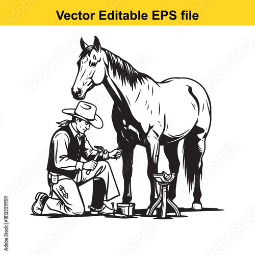 Black and white vector illustration of a cowboy farrier kneeling to shoe a standing horse with a hammer, isolated on