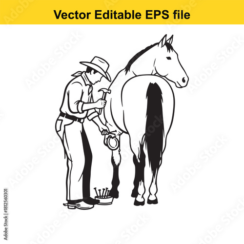 Black and white vector illustration of a farrier wearing a cowboy hat carefully hammering a horseshoe onto a horses hoof, isolated on