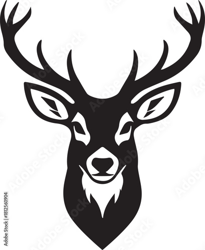 Black and white silhouette head of a male deer with large antlers