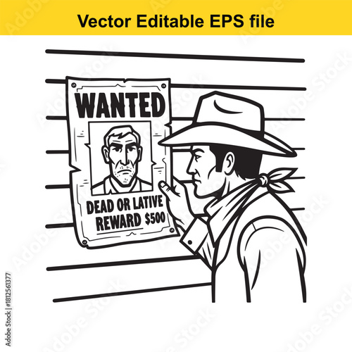 Black and white vector illustration of a cowboy looking at a wanted poster with a reward for capture, western theme