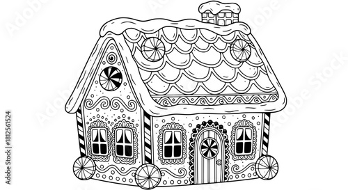 Gingerbread house with icing details, peppermint candies, and snowy rooftop