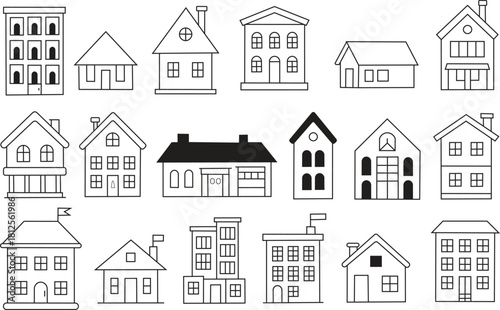 Collection of house drawings.  style of hand-drawn sketch.  a roofed house structure.  Vector artwork of a village, city, and home icon
