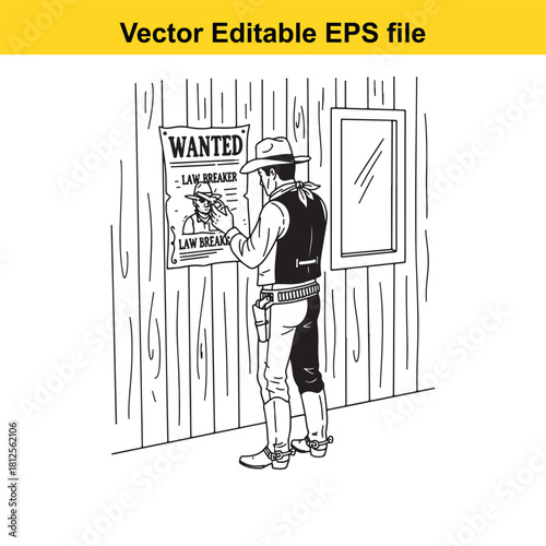 Wanted poster on wooden wall with cowboy sheriff looking at it in black and white vector illustration