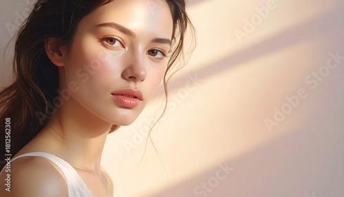 A serene portrait with pastel gradient lighting, soft shadows, warm neutral tones, and an expressive calm visual mood.