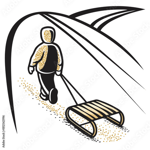 Child pulling sled while walking on snowy path in winter village  