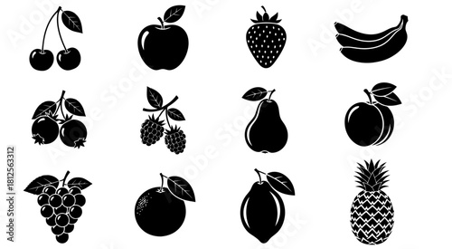 Collection of black fruit silhouettes on white background