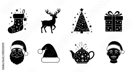 Festive christmas icons set in black and white silhouette