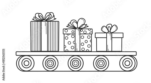 Hand drawn gift boxes on a wheeled platform illustration