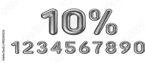 Polished chrome 3D vector numbers zero to nine and a percentage symbol for marketing, sales, and financial presentations