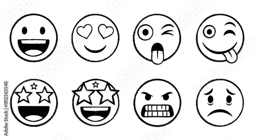 Hand drawn emoji faces set with various expressions