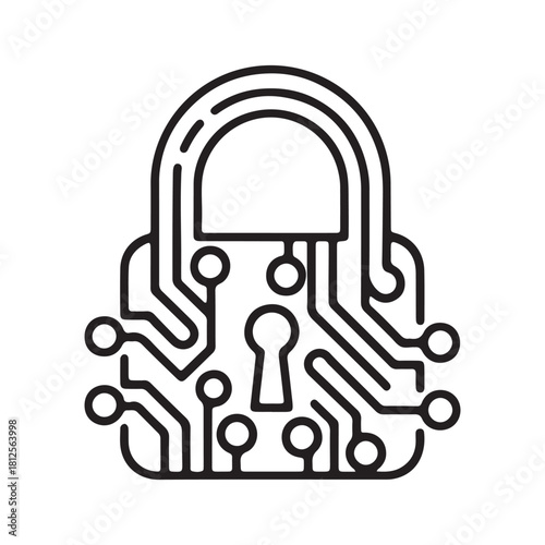 A clean and modern vector line icon depicting a padlock with internal circuit board pathways symbolizing cyber security and digital protection
