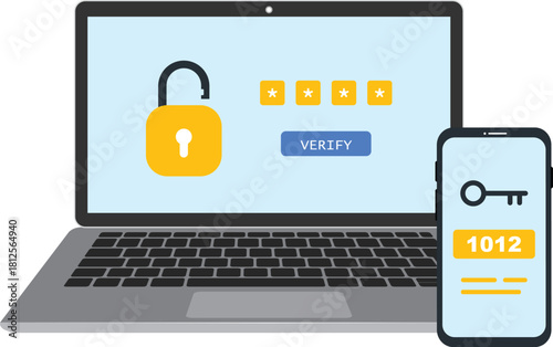 Two steps authentication concept with laptop and smartphone. Verification code by phone. Notification with a security code for secure login or sign