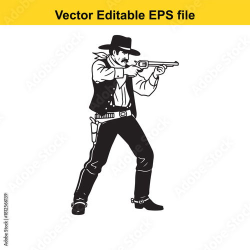 Black and white vector illustration of a cowboy aiming a revolver pistol, isolated on