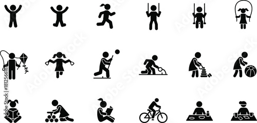 Children activity icons playing sports, reading, cycling, swinging, jumping rope, building toys, outdoor and indoor kids activity silhouette set
