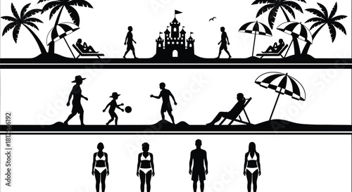 Beach vacation silhouettes of families walking, relaxing under umbrellas, children playing, tropical palm trees, summer holiday scene vector illustration set