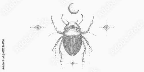 Boho tattoo style, beetle. Noisy ink silhouette with scratchy grain uneven texture and faded threshold. Stipple marks and dust noise give the shape worn character.
