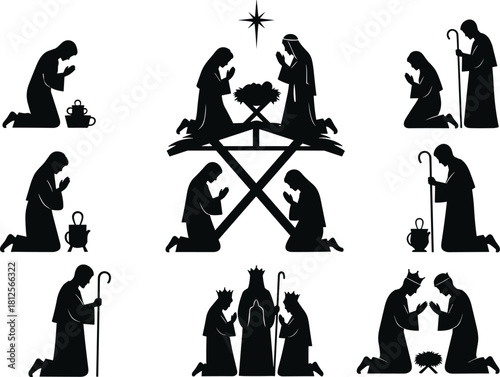 Nativity scene silhouettes with Mary, Joseph, baby Jesus, shepherds, wise men praying, Christmas manger illustration, religious Christian vector set