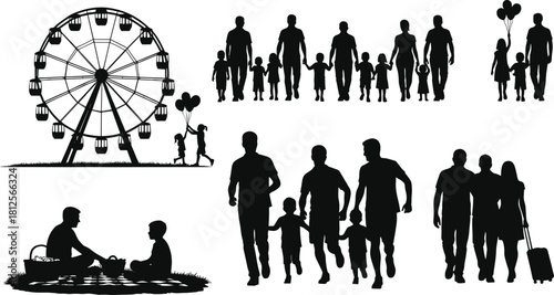 family, silhouette, park, ferris, wheel, balloon, picnic, travel, walking, children, amusement, group, outing, vector, activity