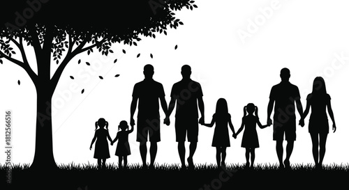 Silhouettes of families walking together under tree, parents holding children’s hands, outdoor unity scene, happy family relationship vector illustration