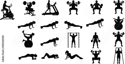 Silhouettes of men and women doing gym workouts, weightlifting, pushups, cycling, treadmill running, fitness training and exercise vector illustration set