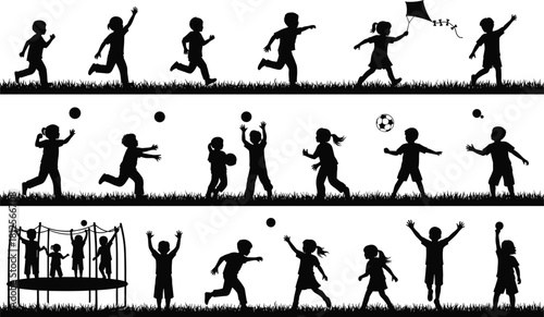 Silhouettes of people and children planting trees, watering saplings, digging soil, teamwork environmental conservation, nature care activity vector set