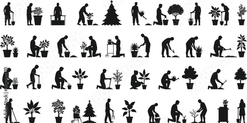 Silhouettes of people gardening, planting trees, watering potted plants, caring for flowers and shrubs, outdoor garden work activity vector set