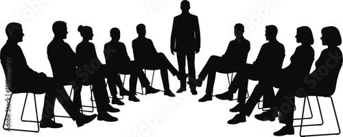 Silhouettes of people sitting in a meeting circle, group discussion, teamwork conversation, business seminar session, corporate community gathering vector set