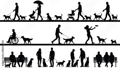 Silhouettes of people walking dogs, playing fetch, sitting on benches, wheelchair dog walking, pet owners and dogs outdoor activity vector set