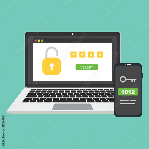 Two steps authentication concept with laptop and smartphone. Verification code by phone. Notification with a security code for secure login or sign