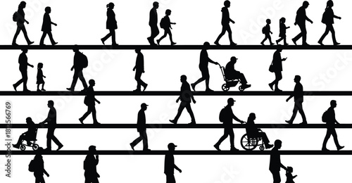 Silhouettes of people walking, families with children, wheelchair users, commuters and pedestrians moving in rows, urban walking activity vector set