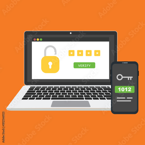 Two steps authentication concept with laptop and smartphone. Verification code by phone. Notification with a security code for secure login or sign