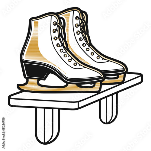 Ice skates displayed on a wooden bench in winter concept  