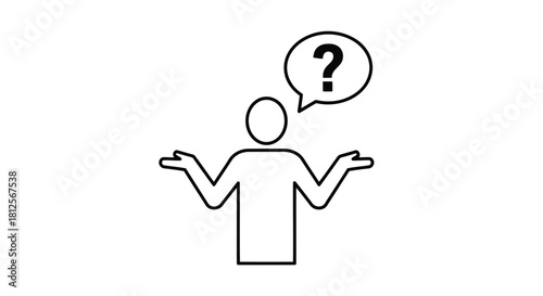 Vector illustration of line icon of a person shrugging with a question mark, symbolizing confusion and uncertainty, isolated on