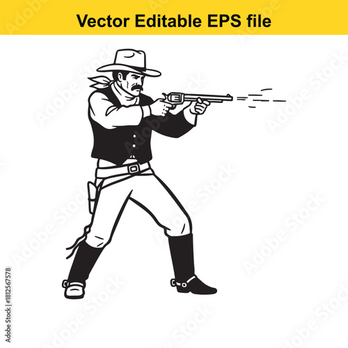 Vintage black and white vector illustration of a cowboy firing a revolver gun, isolated on