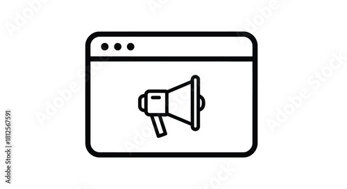 Vector illustration of online promotion and announcement through a website, represented by a browser window and megaphone icon