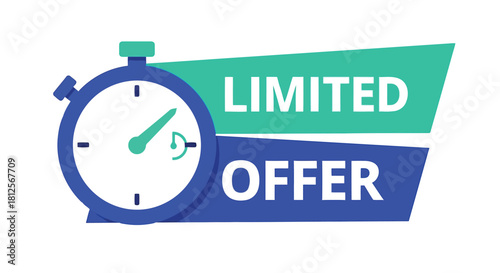 Vector illustration of limited offer banner with stopwatch icon, symbolizing timesensitive promotion, sale, or discount, isolated on