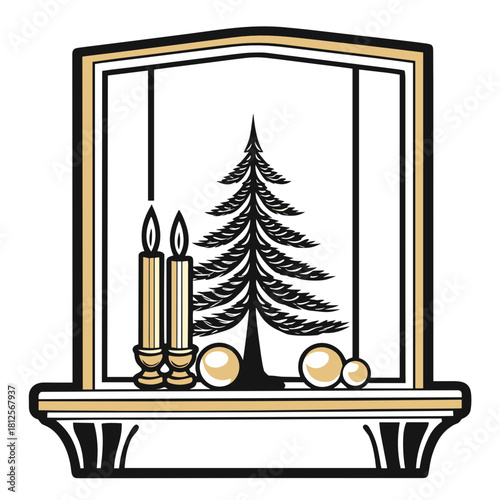 Christmas window decoration with candles and pine tree silhouette  
