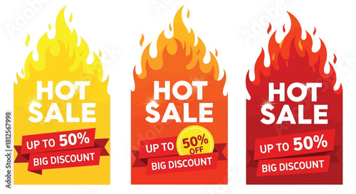 Vector illustration of hot sale banners with up to 50% off and big discount text in fiery designs, isolated on