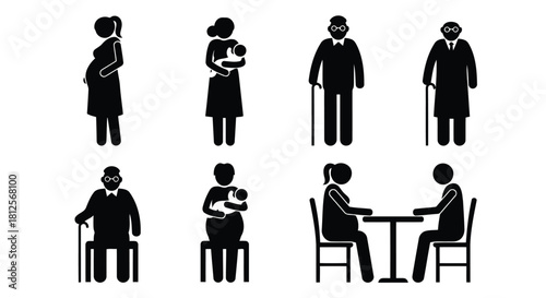 Vector illustration of diverse stick figures illustrating human life stages, family, pregnancy, and elderly care, isolated on