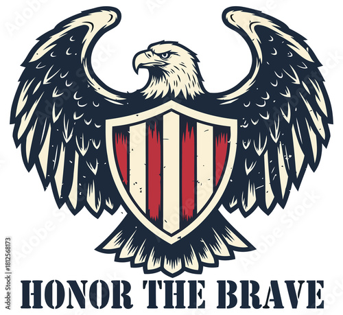 Patriotic illustration of a majestic American bald eagle with wings spread, clutching a striped shield as a powerful symbol of national honor and valor