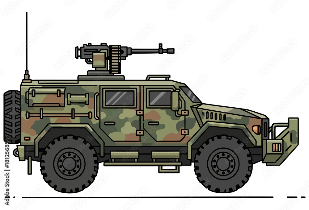 Fototapeta premium Military Camouflage Armored Vehicle with Mounted Machine Gun and Antenna, Tactical Transport Truck Illustration